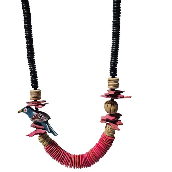 Boho Handcrafted Wooden Carved Parrot Beaded Necklace Pink Disc Accent Tribal - Picture 1 of 7